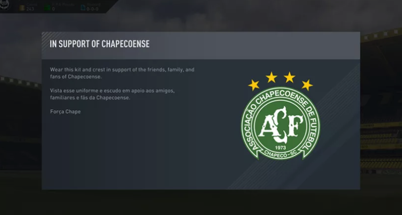 FIFA 17 rinde tributo al equipo Chapecoense de Brasil que sufrio un accidente